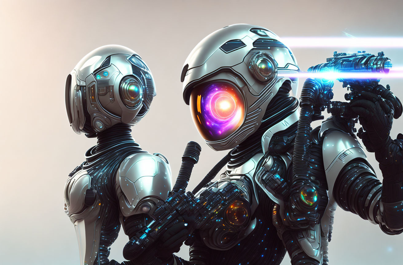 Futuristic robots with glowing weapon in neutral setting