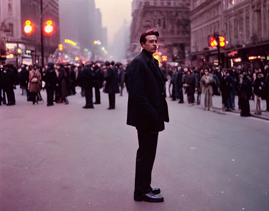 Man standing out in focus on busy city street at twilight