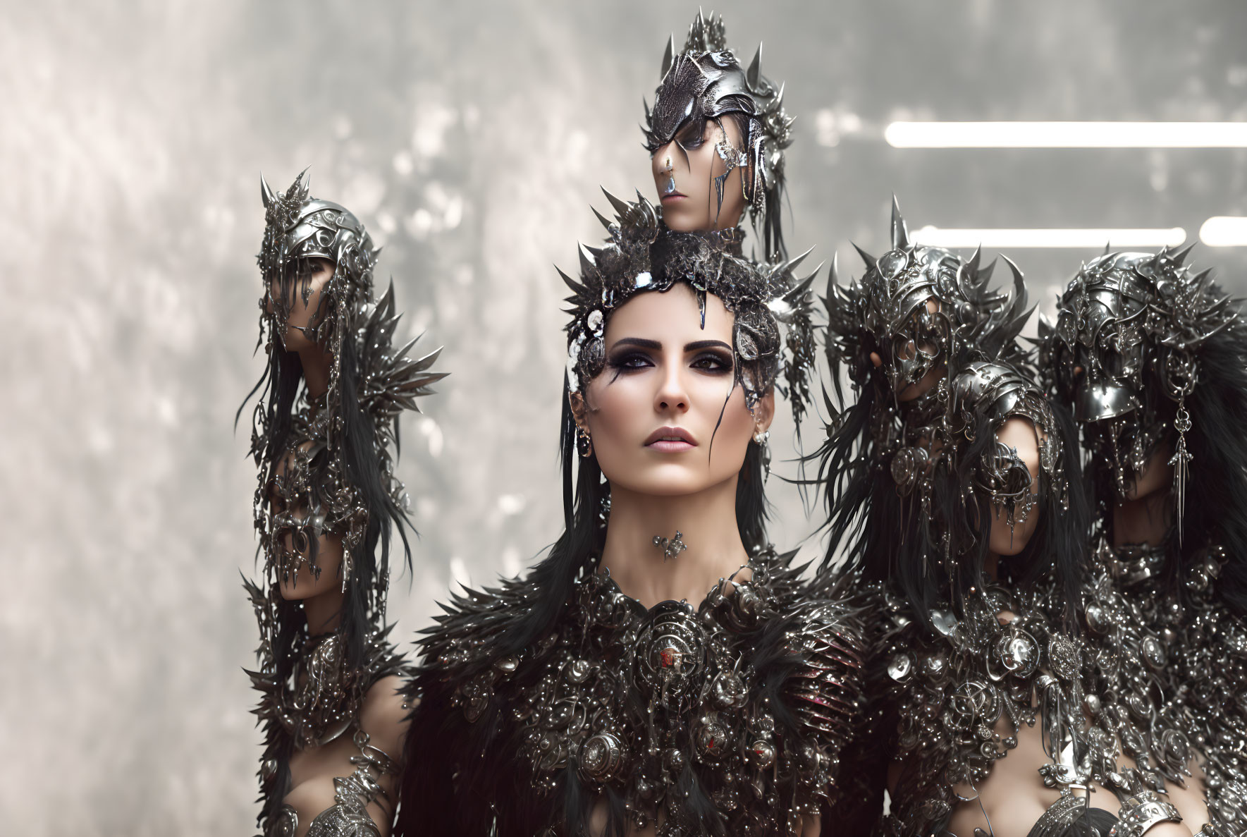 Three women in dark metallic armor and spiked crowns exude a powerful warrior vibe against a smoky