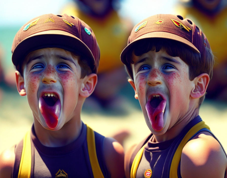 Two children in brown hats sticking out tongues against blurred background