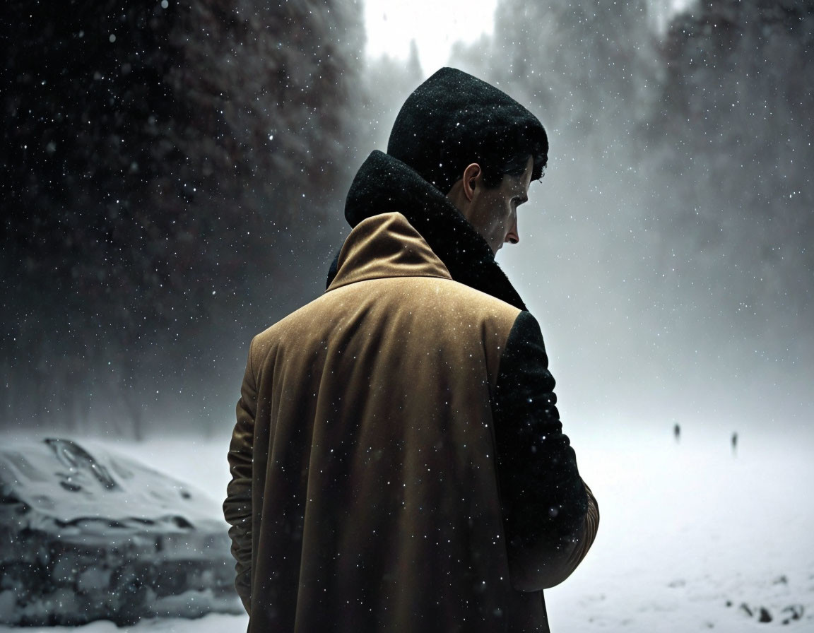 Man in Beige Overcoat and Black Hat in Snowy Landscape