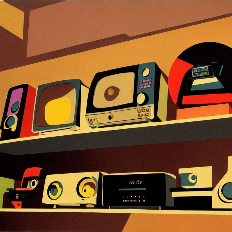 Colorful Retro Illustration of Vintage TVs & Radios on Shelves