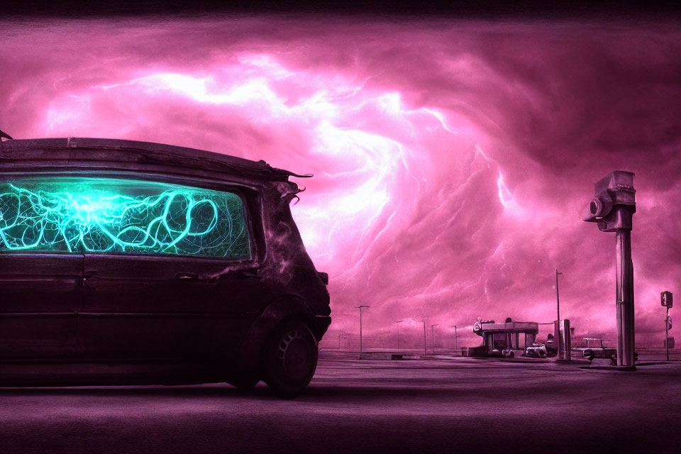 Parked van emitting green glow under purple lightning-filled sky