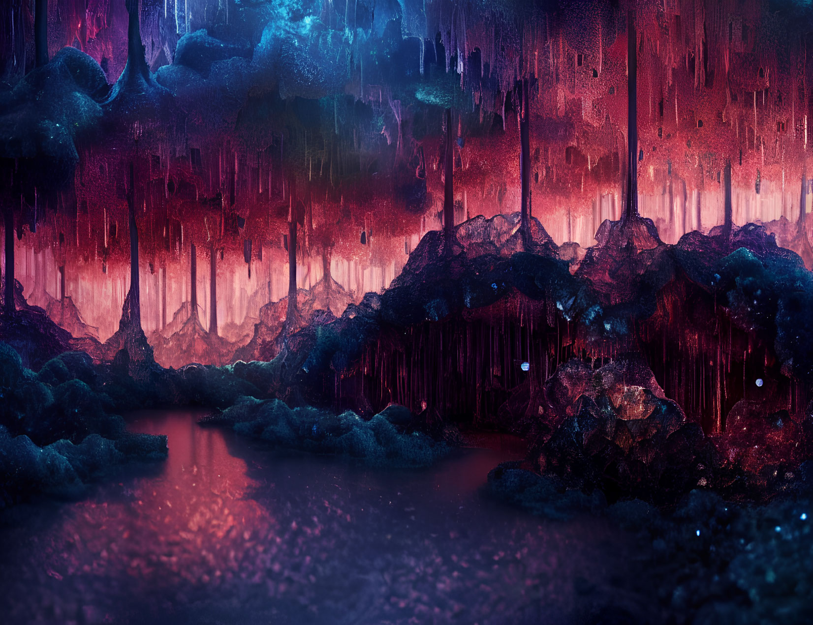 Mystical Cave with Glowing Structures and Serene Water Body