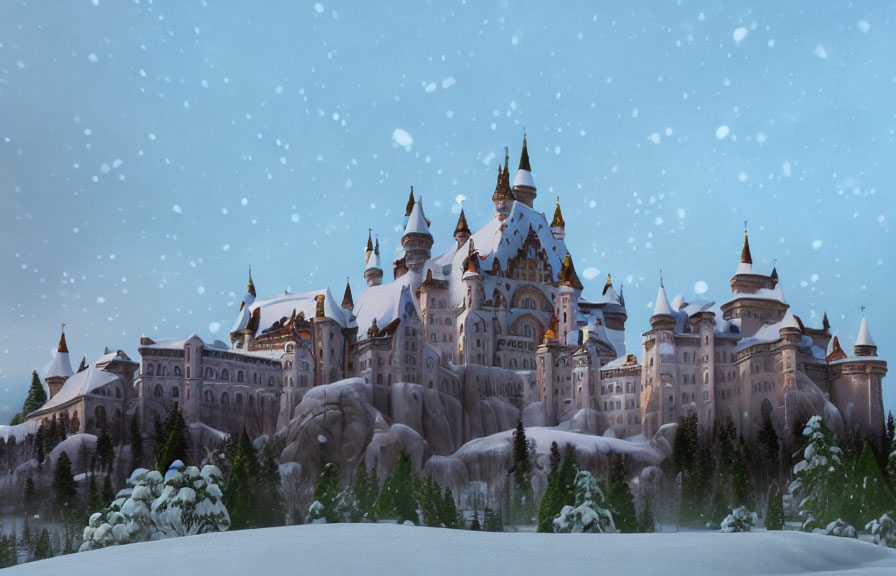 Snow-covered castle with spires and towers in winter landscape.