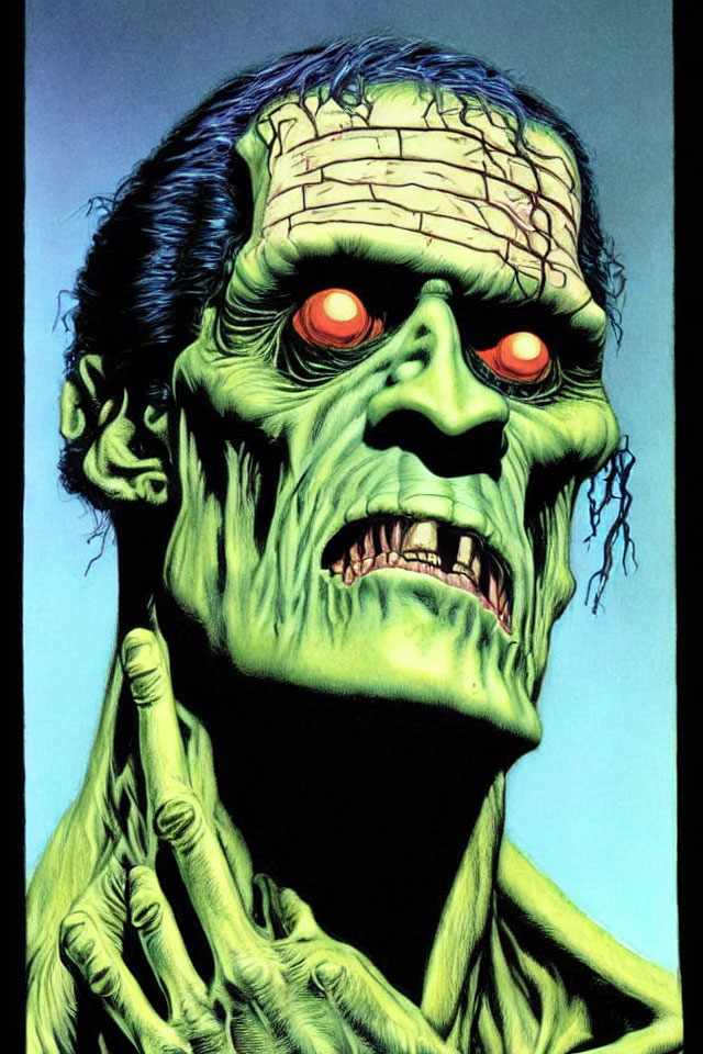 Green-skinned creature with red eyes and stitches, reminiscent of Frankenstein's monster.