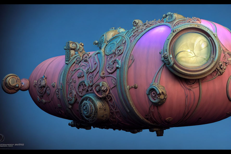 Colorful Steampunk-Style Submarine with Intricate Metalwork