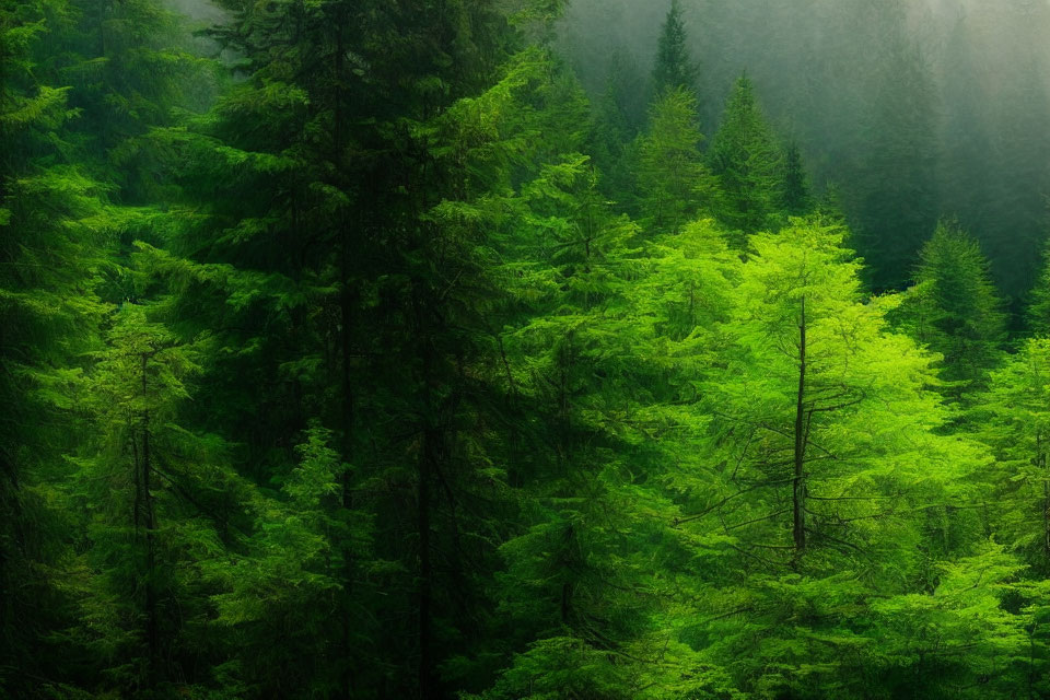 Misty forest with lush green foliage and soft light filtering through