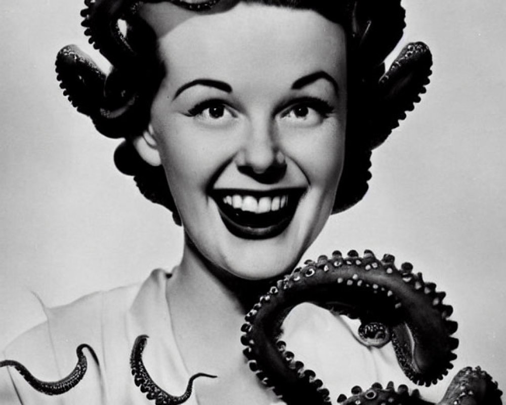 Monochrome image: Smiling woman with octopus on head