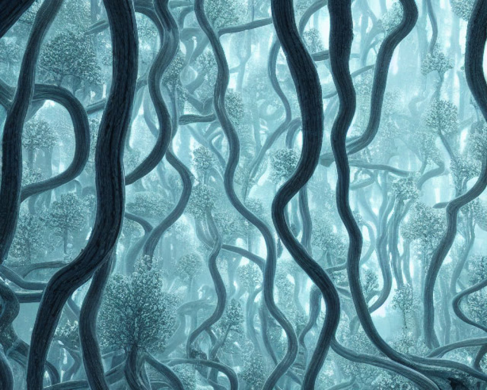 Ethereal Blue Forest with Twisted Dark Tree Trunks and Misty Foliage