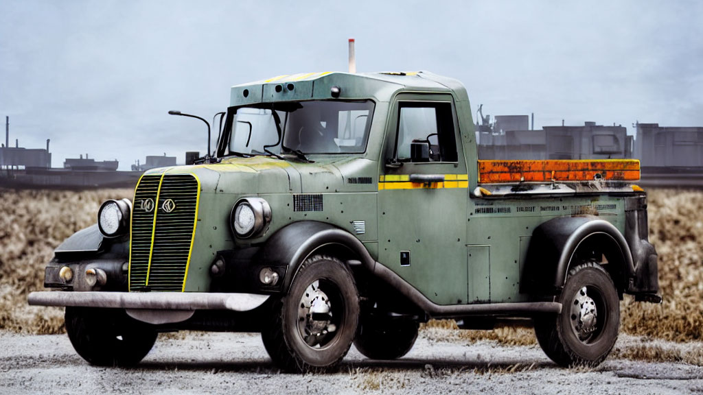 Vintage Green Truck with Dual Headlights and Orange Stripe in Gray Landscape