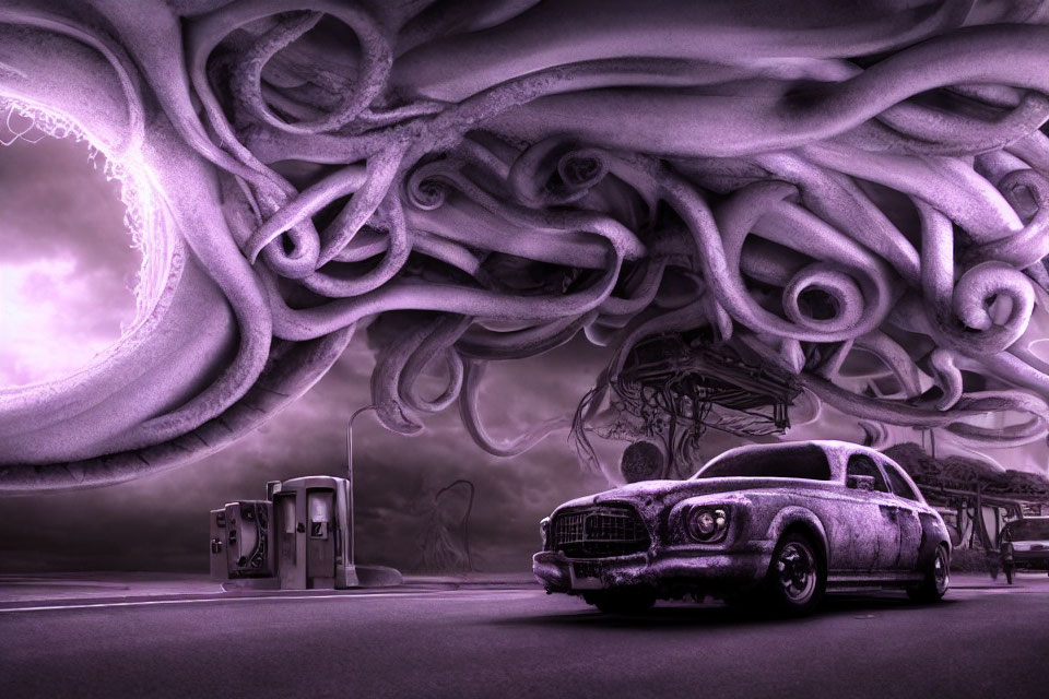 Vintage car at gas station under stormy sky with looming tentacles