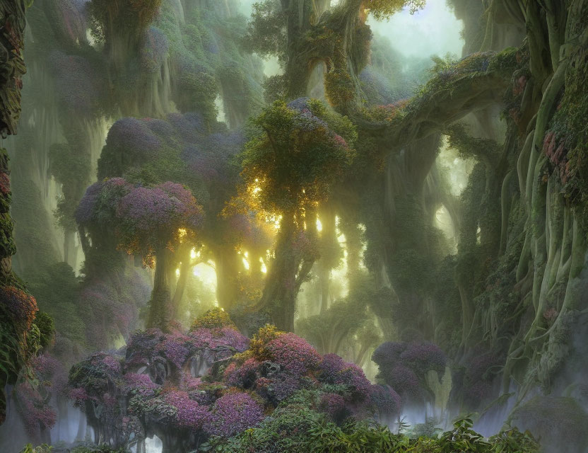 Enchanting forest with glowing lights, mist, purple foliage, moss-covered ancient trees