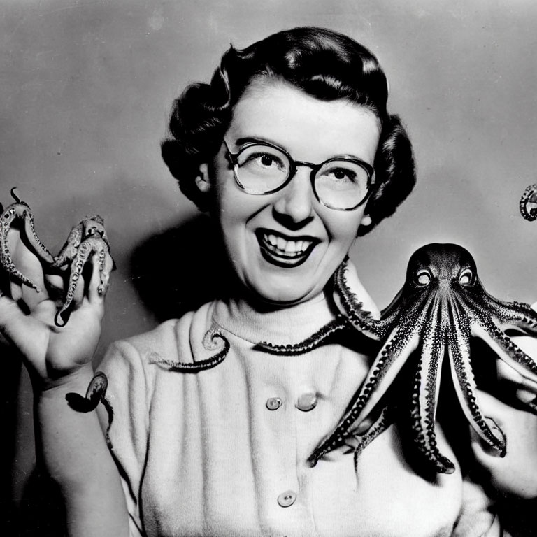 Vintage round glasses woman with 1950s hairstyle and octopus tentacles pose humorously