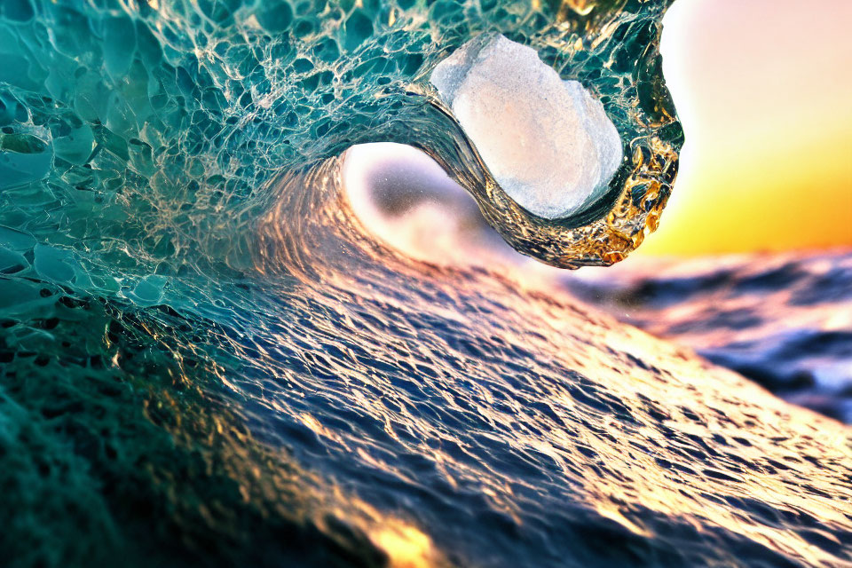 Close-up of vibrant wave interior with sunlight filtering through