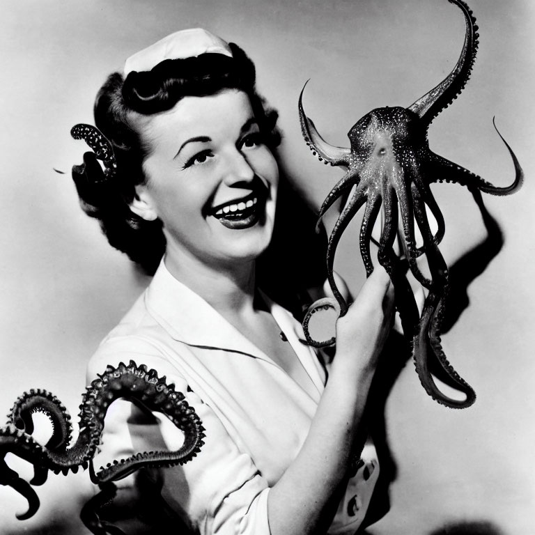 Vintage nurse outfit woman with octopus on head pose