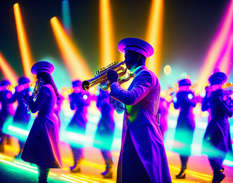 Marching Band in Uniforms Playing Trumpets Under Colorful Stage Lights