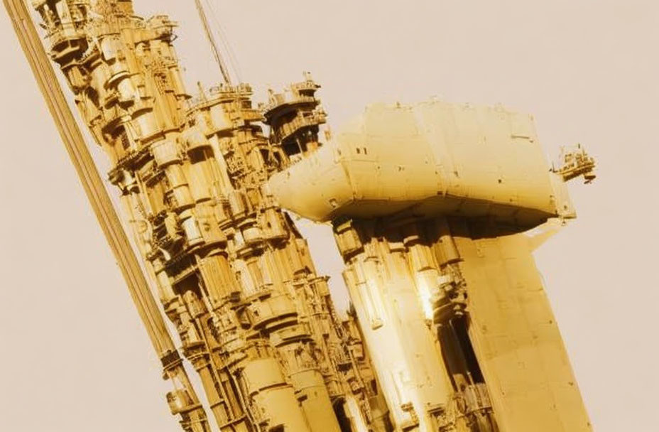 Sepia-Toned Close-Up of Industrial Structure with Piping and Tanks