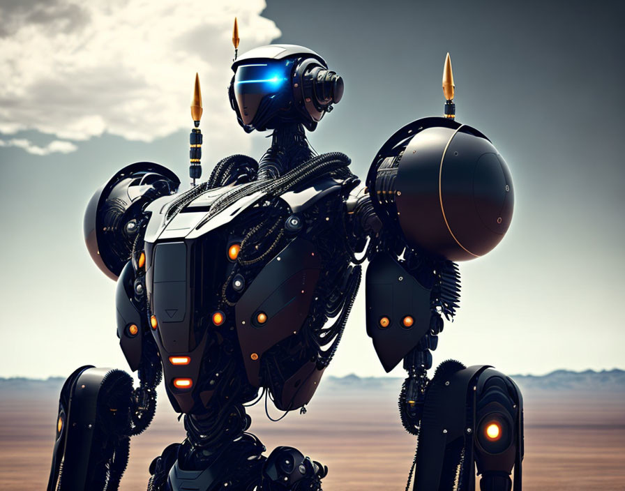 Futuristic black robot with orange lights and rocket boosters in desert