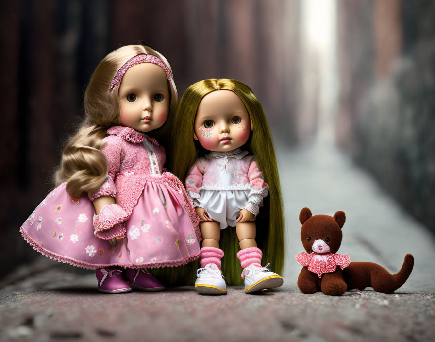 Long-haired dolls in pink outfits with teddy bear in alleyway with light.