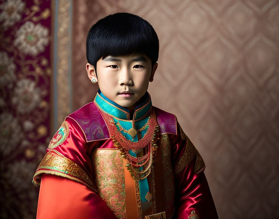 Young Boy in Traditional Asian Royal Attire and Vibrant Colors