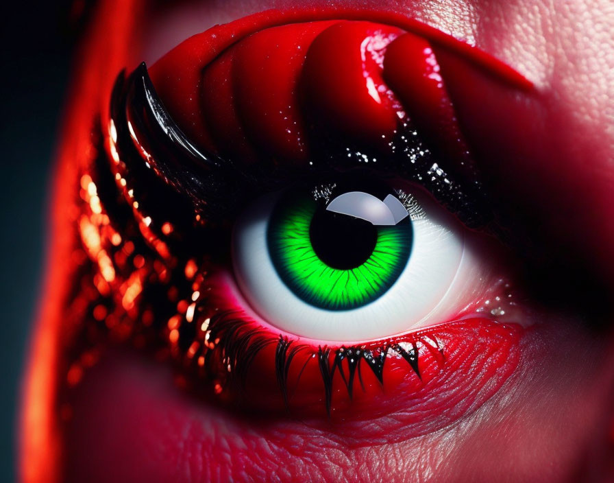 Vivid green eye with dramatic red and black makeup