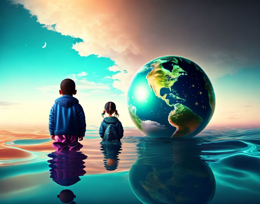 Two children gazing at oversized Earth in surreal sky