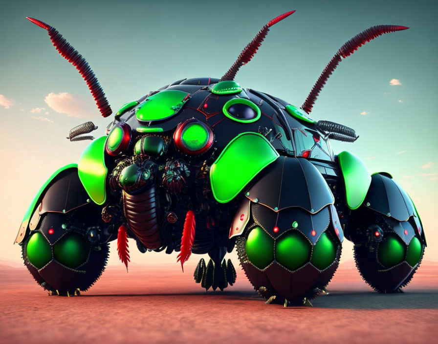 Futuristic mechanical beetle with glowing green parts in twilight sky