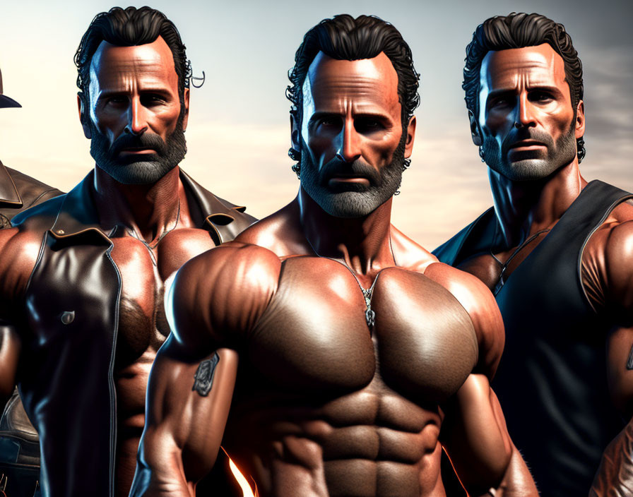 Three Muscular Animated Male Characters in Leather Jackets and Tank Tops on Amber Background