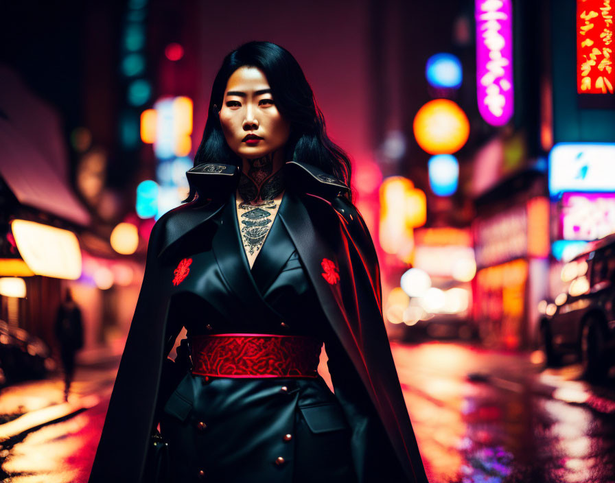 Stylish Woman in Black Coat with Red Accents on Neon-Lit Night Street