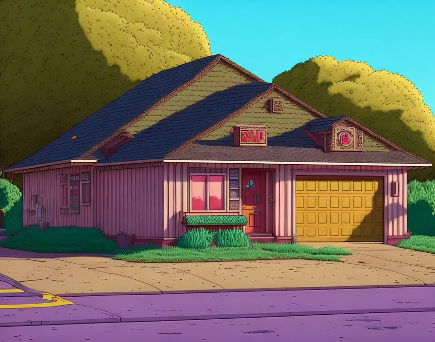 Colorful illustration of suburban single-story house with red roof, pink walls, yellow garage door, and