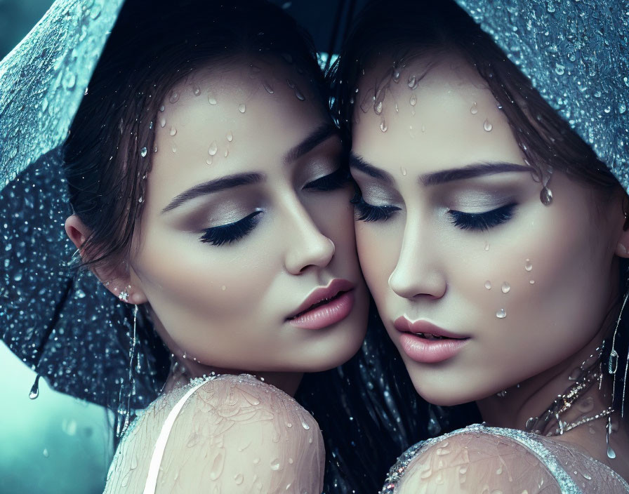 Two women under umbrella with water droplets, serene mood