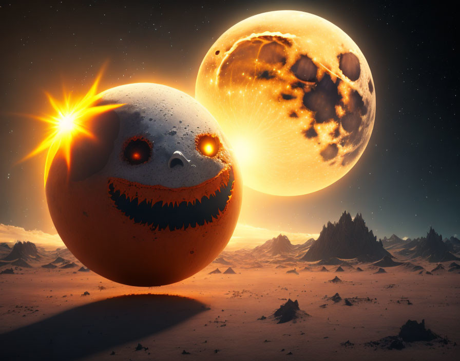 Whimsical space illustration with smiling jack-o’-lantern sphere, starburst, and crater