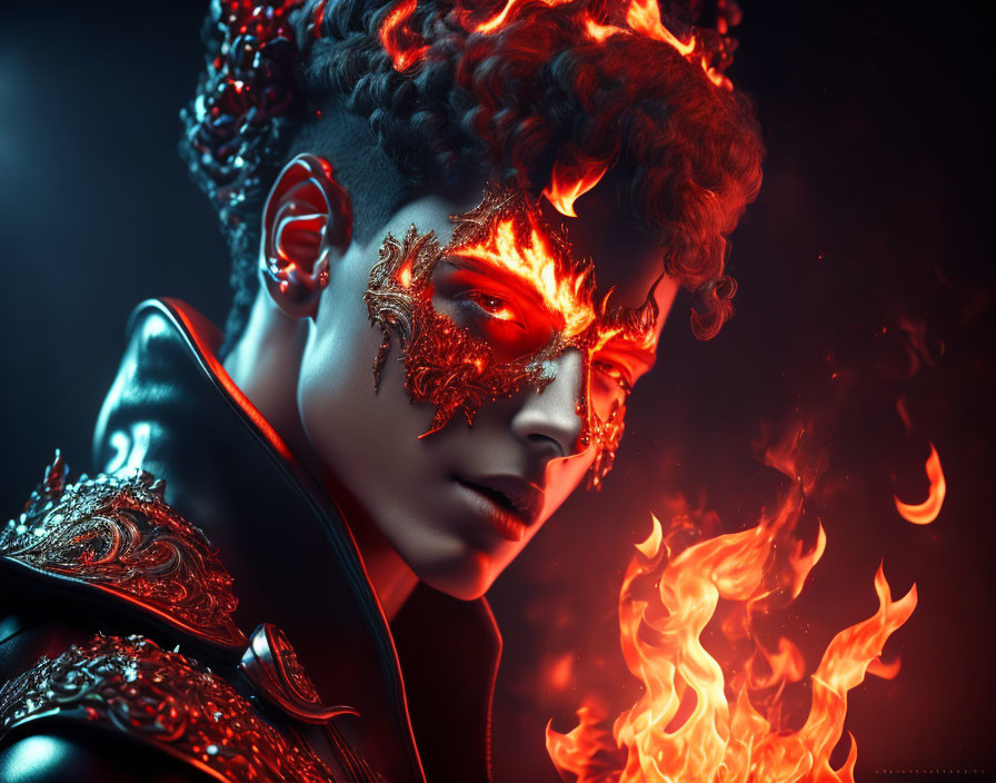 Intricate Gold Facial Ornamentation Resembling Flames and Dark Ambient Backdrop