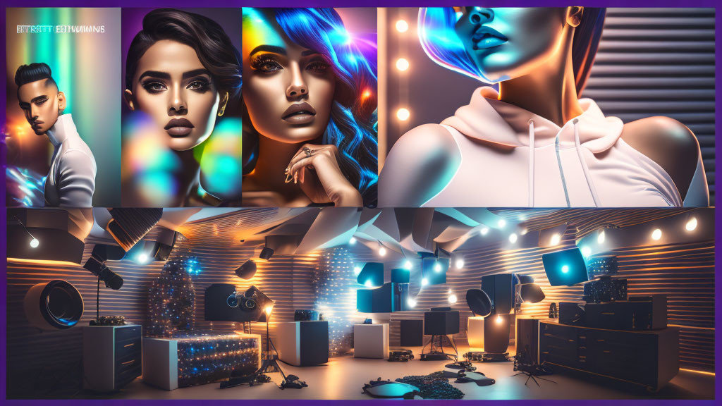 Stylized portraits and high-tech room in vibrant collage