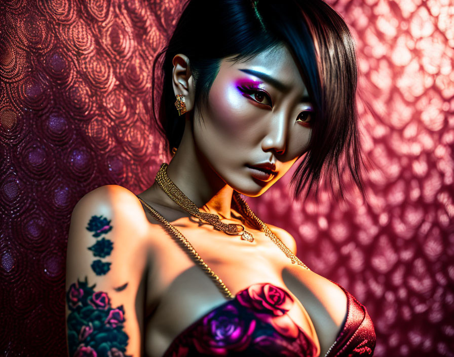 Asian woman with bold makeup, tattoos, and jewelry in dramatic red lighting