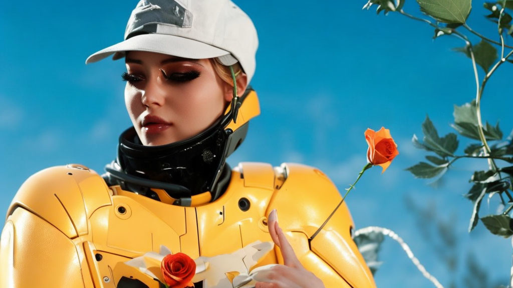 Woman in yellow futuristic armor and white cap holding a rose under blue sky