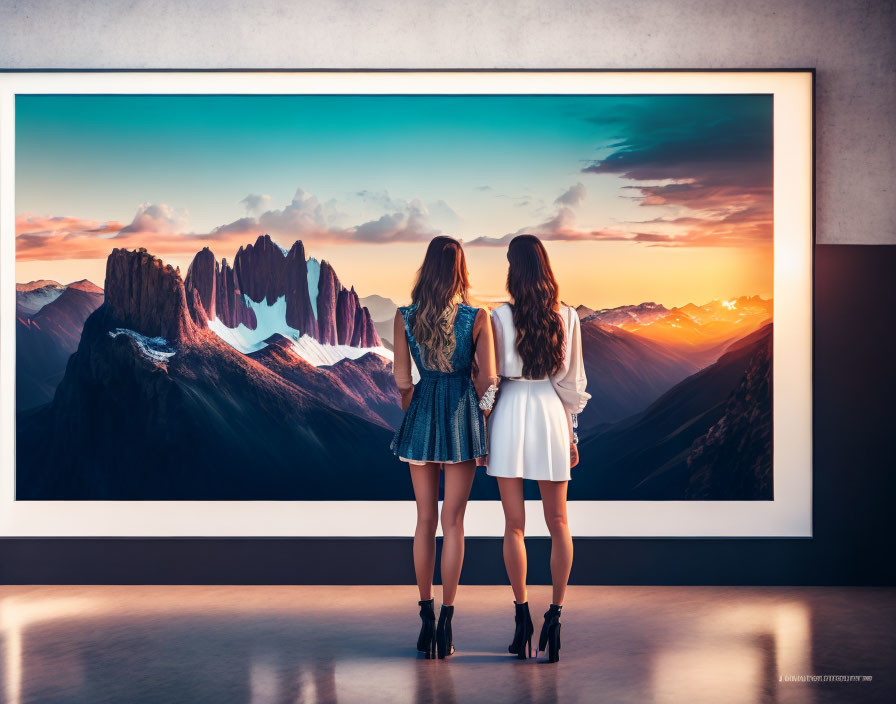 Two women admiring sunset landscape painting