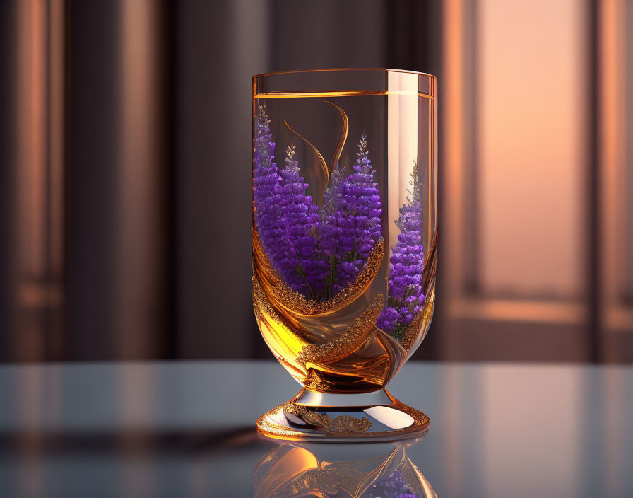 Golden-tinted glass with intricate purple flower designs in soft sunset light