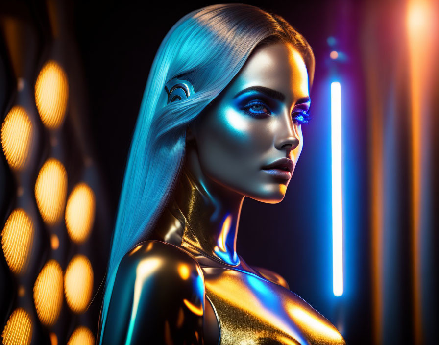 Futuristic woman with metallic skin and glowing blue hair in neon lights