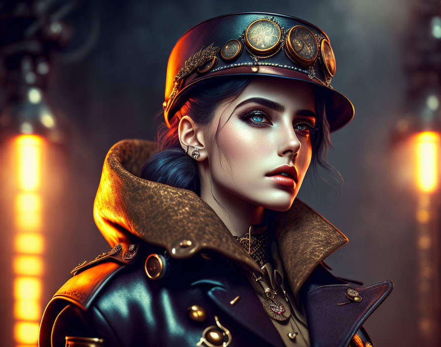 Steampunk-inspired woman in decorated hat and leather jacket against industrial backdrop.