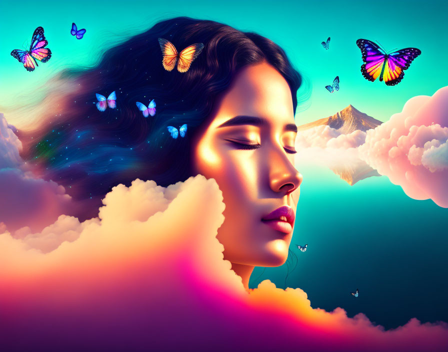 Woman with Butterflies in Flowing Hair Against Surreal Sky