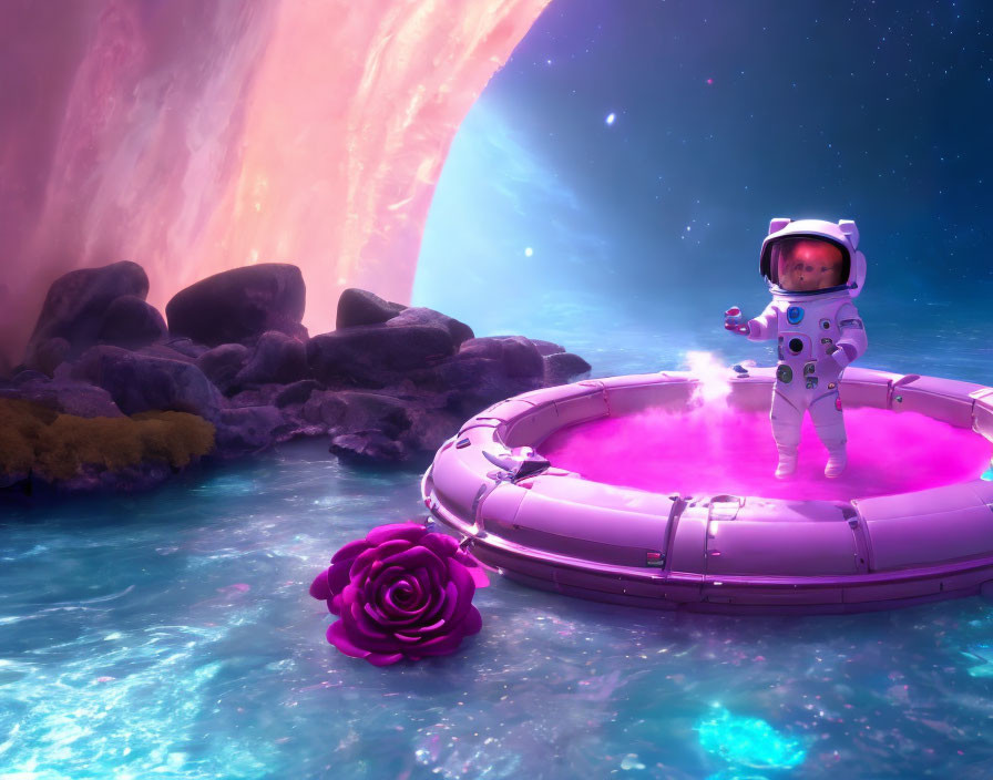 Astronaut reaching for pink rose on alien planet with vibrant nebula sky