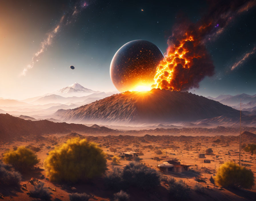 Sci-fi landscape with celestial body, mountain, desert, vegetation, structure, and starry sky.