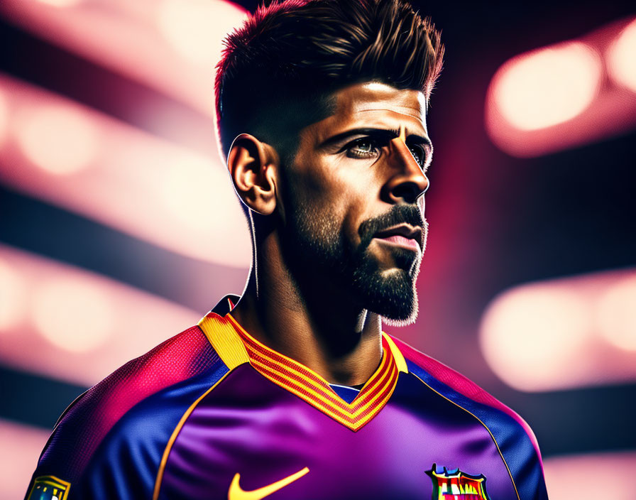 Male Soccer Player in Barcelona Jersey with Beard on Colorful Background