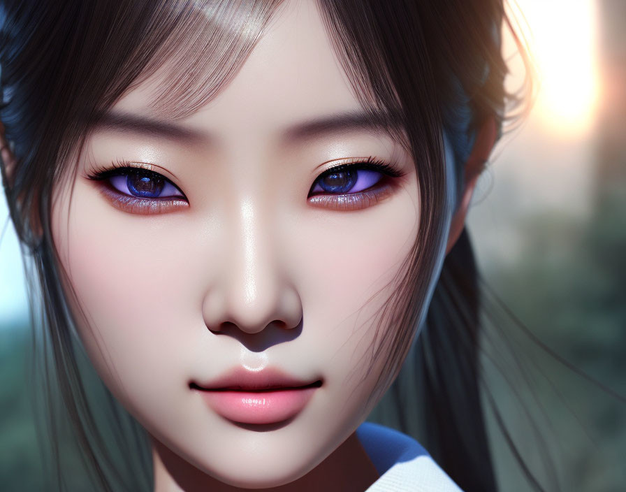 Detailed close-up of photorealistic female character with striking eyes and smooth skin.