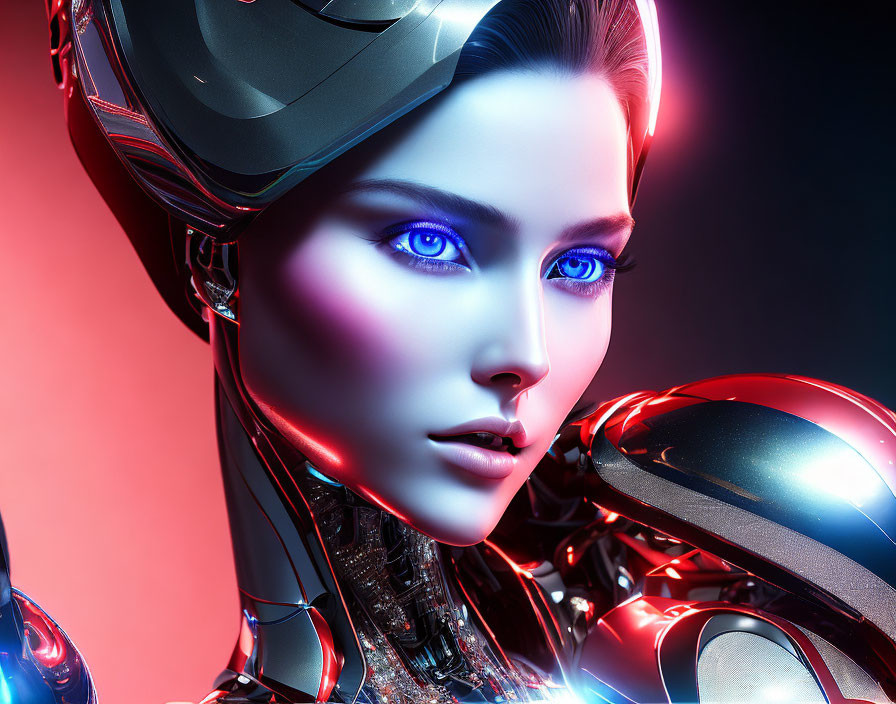 Futuristic female android with glowing blue eyes and sleek metallic armor