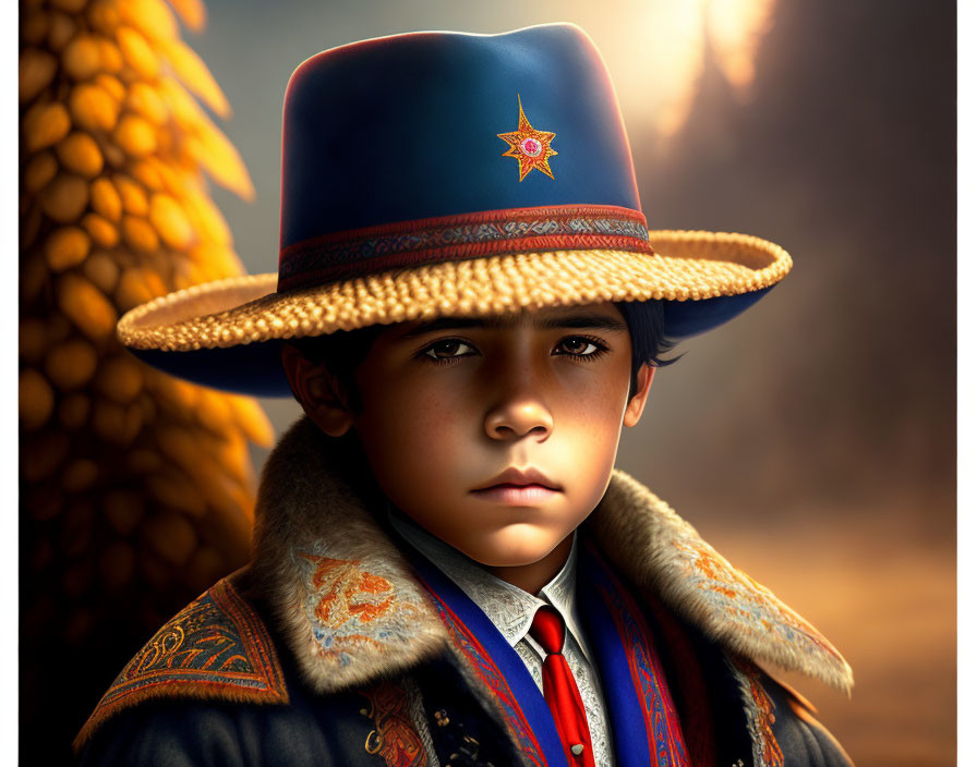 Young boy in traditional attire with decorated hat and embroidered jacket against golden background.