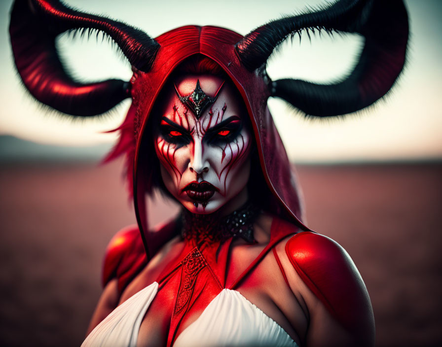 Person in demon costume with horns and dramatic makeup on dusky background