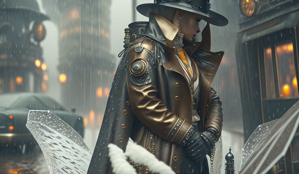 Futuristic steampunk character with mechanical shoulder piece in rain with white winged umbrella